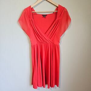 Banana Republic Dress Size 10 Orange Sheer Short Sleeve Wrap Fit Flare Midi Fall